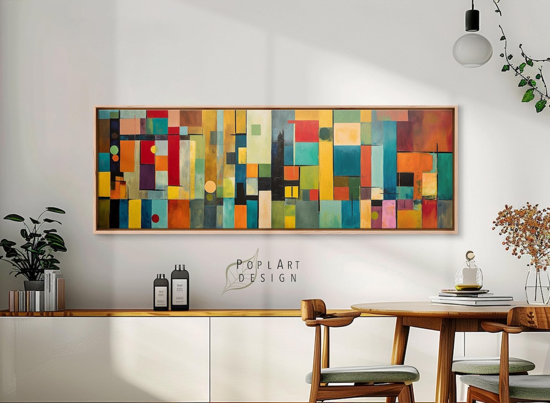 Abstract Color Blocks Framed Canvas Art: Mid-century Modern Panoramic ...