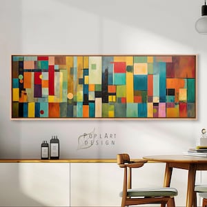 Quadro su tela con blocchi di colore astratti: stampa panoramica in stile Mid-Century Modern.