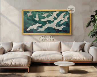 Japanese Flying Cranes Wall Art: Emerald Green Horizontal Framed Canvas