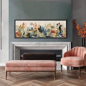 May include: A living room scene featuring a pink velvet bench and armchair with gold legs. Above the fireplace is a framed floral painting with the text "POPLART DESIGN". A dark brown bench is in the fireplace.