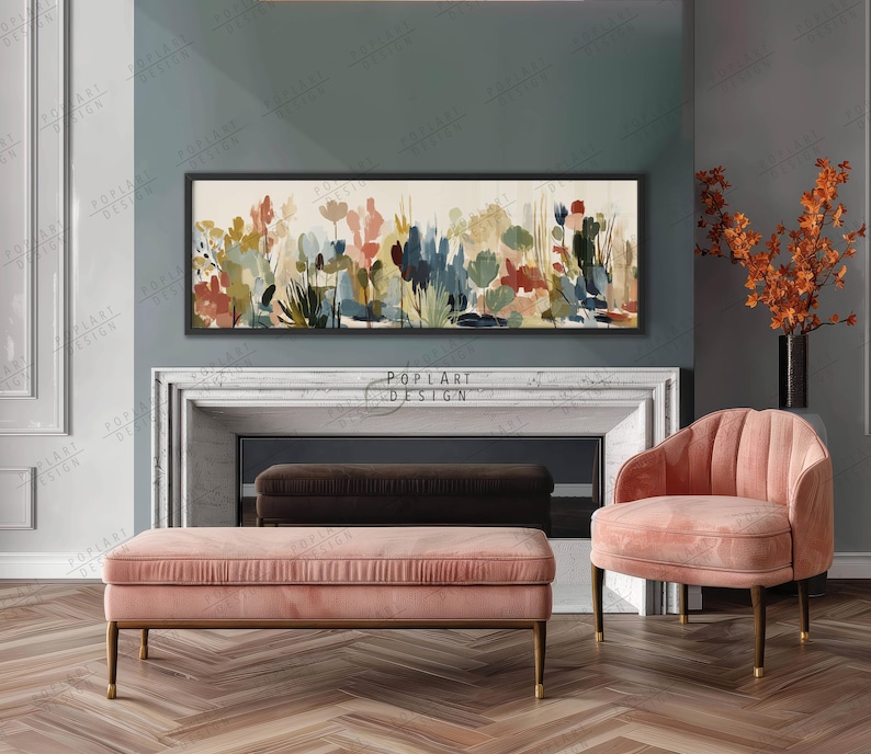 May include: A living room scene featuring a pink velvet bench and armchair with gold legs. Above the fireplace is a framed floral painting with the text "POPLART DESIGN". A dark brown bench is in the fireplace.