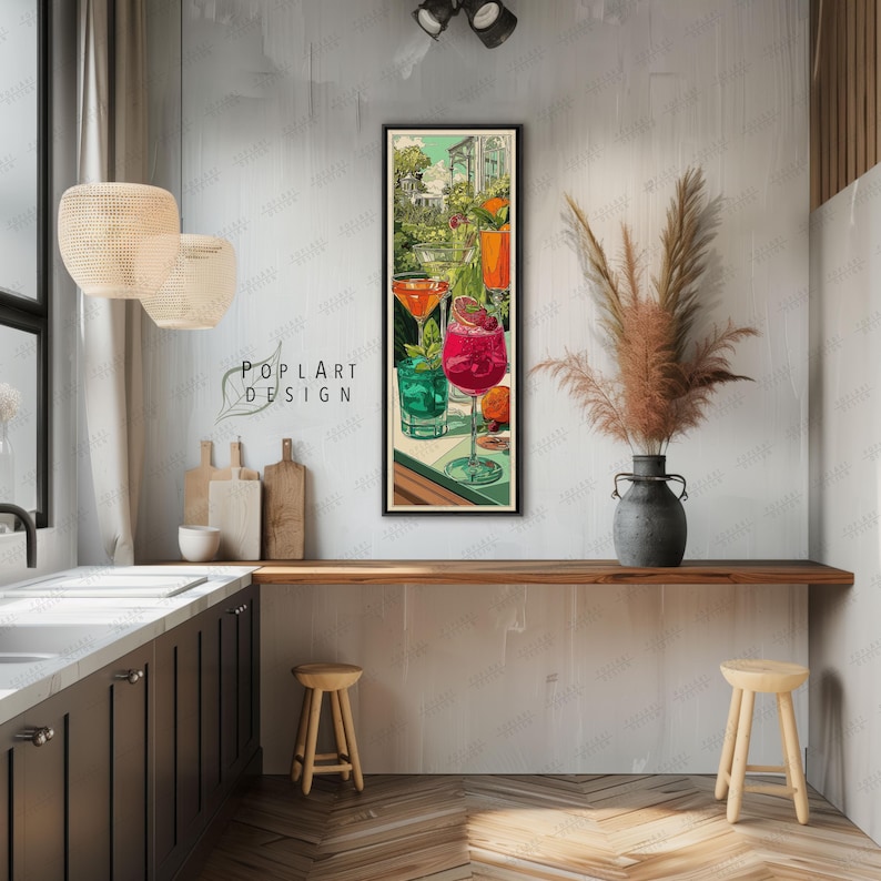 Jugendstil Cocktail Wandkunst: Lange Schmal Bunte Sommer Drinks auf Leinwand gerahmt Bild 4