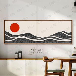 Minimalist Sea & Sun Wall Art: Long Horizontal Waves Above Bed Wide Framed Art