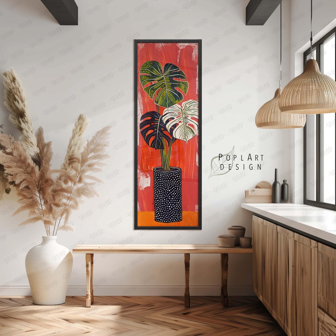 Long Vertical Wall Art, Large Framed Canvas, Colorful Monstera Art