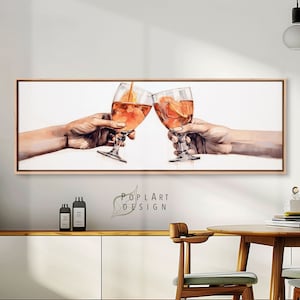Cheers print, ingelijste horizontale canvas muurkunst, barwagen wanddecoratie, retro wijnkunst, klaar om op te hangen poster, panoramisch lang smal decor