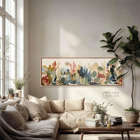 Mid Century Flowers Wall Art: Horizontal Large Framed Canvas Above Bed Decor