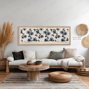 Horizontale muurkunst vintage blauwe bloemen: art nouveau ingelijst canvas