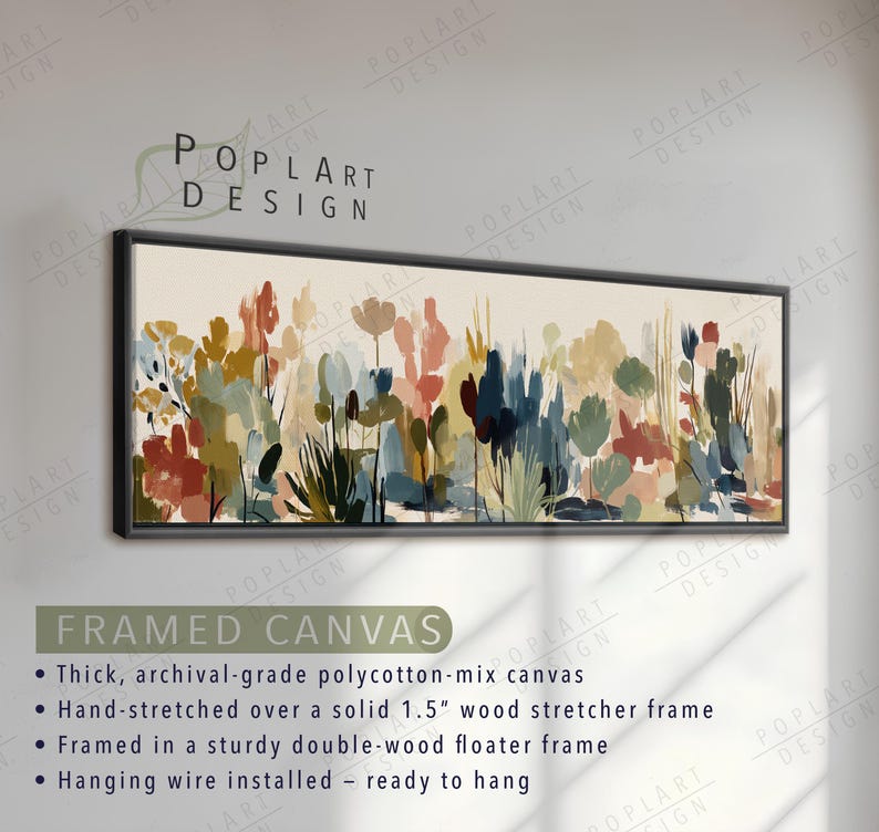 May include: Framed canvas art featuring an abstract floral design in a rectangular shape. The artwork showcases a variety of colorful brushstrokes in shades of red, blue, green, and yellow. The canvas is framed in a black floater frame.
