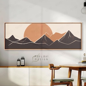 Long Horizontal Framed Art, Mid Century Terracotta Mountains, Large Framed Canvas, Panoramic Above Bed Decor, Framed Wall Art, Wide Wall Art