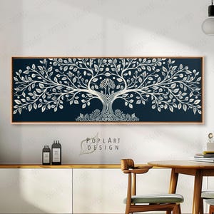 Cadre sur toile Arbre de vie : oeuvre d'art murale horizontale panoramique bleu marine