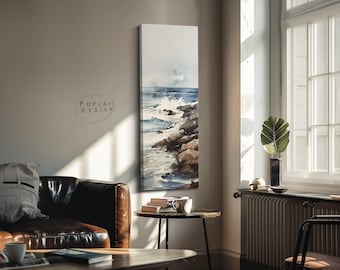 Art mural côtier vertical : peinture paysage marin longue et étroite, toile encadrée aquarelle vagues de l'océan