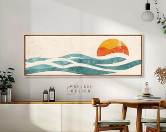 Panoramic Minimalist Sea & Sun Wall Art: Long Horizontal Waves Above Bed Framed Art