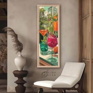 Jugendstil Cocktail Wandkunst: Lange Schmal Bunte Sommer Drinks auf Leinwand gerahmt Bild 2