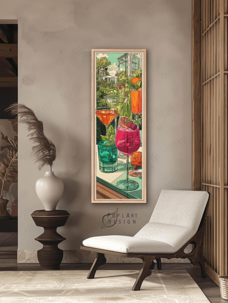 Jugendstil Cocktail Wandkunst: Lange Schmal Bunte Sommer Drinks auf Leinwand gerahmt Bild 2
