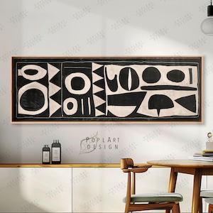 Abstrakcyjne płótno w czarno-beżowej ramie: Pozioma sztuka ścienna w stylu Mid Century Modern