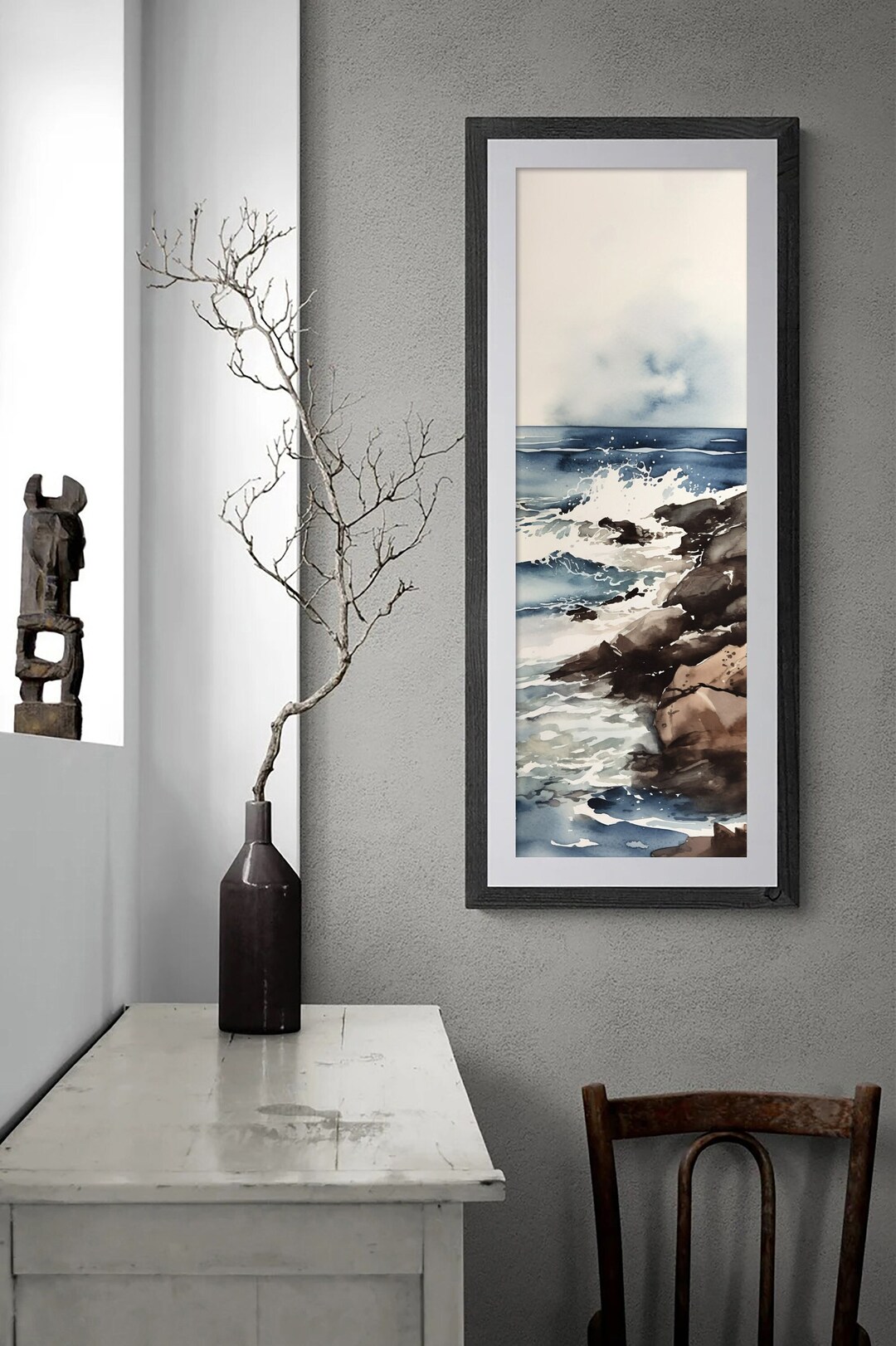 Long Vertical Coastal Wall Art, Beach Painting, Seaside Landscape, Watercolor Seascape, Beach