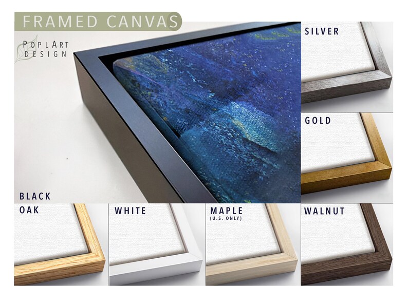 a collection of framed canvas artworks, each with a different color and frame style, arranged in a grid format.