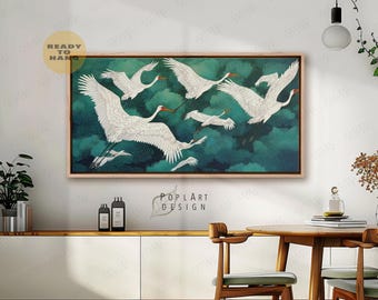 Flying Cranes Art: Emerald Green Japanese Horizontal Framed Canvas