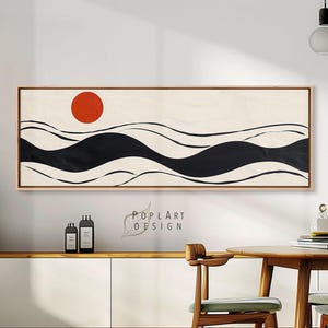 Minimalist Sea & Sun Wall Art: Long Horizontal Waves Above Bed Wide Framed Art