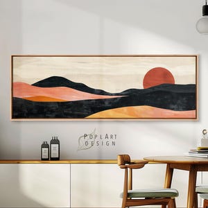 Long Horizontal Framed Art, Mid Century Mountains, Large Framed Canvas, Terracotta Above Bed Decor, Panoramic Framed Wall Art, Wide Wall Art