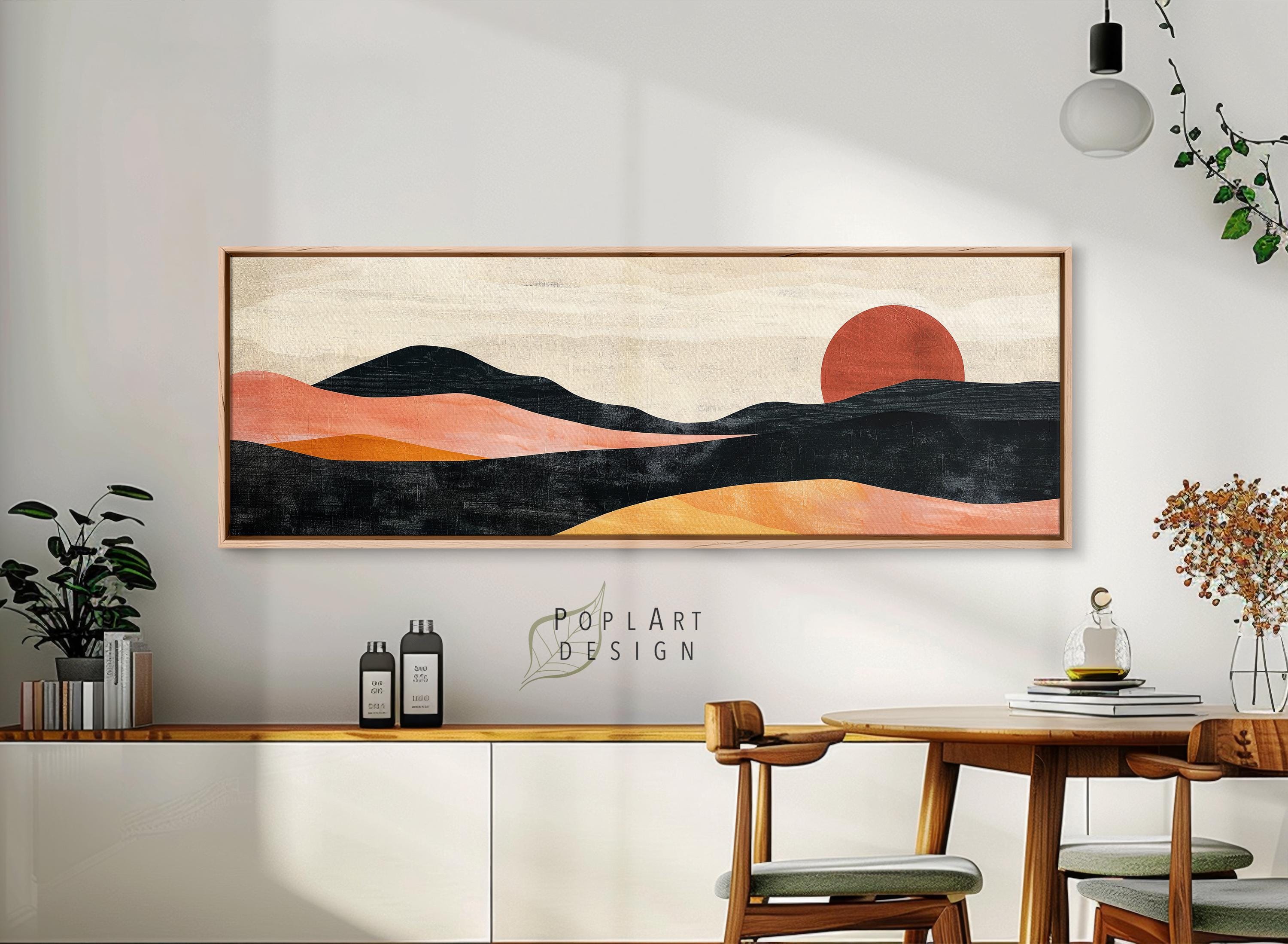Long Horizontal Framed Art, Mid Century Mountains, Large Framed Canvas, Terracotta Above Bed Decor, Panoramic Framed Wall Art, Wide Wall Art