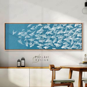 Panoramic Fish Canvas Art: Minimalist Blue Ocean, Wide Framed Print