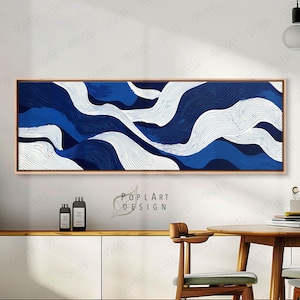 Horizontale Wandkunst, blaue und weiße Wellenlinie Kunst, große gerahmte Leinwand, gerahmtes Plakat, Panorama über dem Bett-Dekor, lange schmale Kunst, breite Kunst