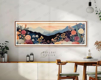Cuadro decorativo de paisaje montañoso con flores silvestres: Póster en lienzo enmarcado de estilo vintage, horizontal y de gran tamaño.