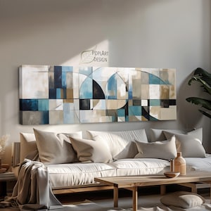 Lange horizontale Wandkunst, Mitte des Jahrhunderts moderne gerahmte Leinwand, fertig zum Aufhängen, Panoramakunst, abstrakter geometrischer Druck, große Wandkunst