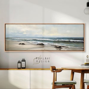 Panoramic Seascape Beach Sand Wall Art, Horizontal Framed Canvas Print, Coastal Landscape Above Bed Decor, Bedroom Wall Art, Moody Painting