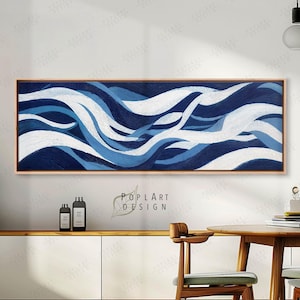 Midcentury horizontale Wandkunst, blaue und weiße Wellenlinie Kunst, große gerahmte Leinwand, Panorama über dem Bettdekor, lange schmale, breite gerahmte Kunst
