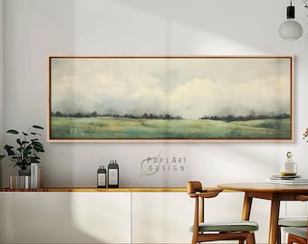 Horizontal Landscape Wall Art: Large Green Field Painting, Wide Framed Canvas Poster