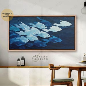 Linea d'arte orizzontale di pesci blu: grande tela incorniciata minimalista con oceano