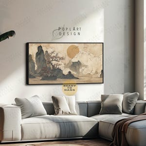 Horizontal Japanese Art, Vintage Landscape Print, Wide Framed Wall Art, Large Framed Canvas, Panoramic Above Bed Decor, Long Narrow Decor