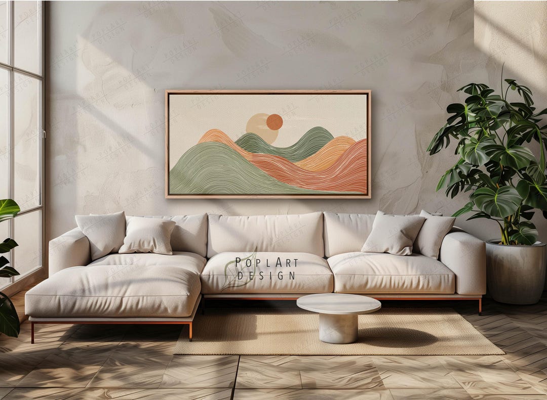 Boho Sun and Mountain Wall Art: Terracotta and Green Mid Century Large ...