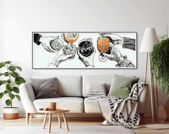 Long Horizontal Cheers Print, Aesthetic Bar Cart Decor, Cheers Sketch Bar Art, Toasting Drinks Print, Kitchen Cheers Drawing, Wide Wall Art