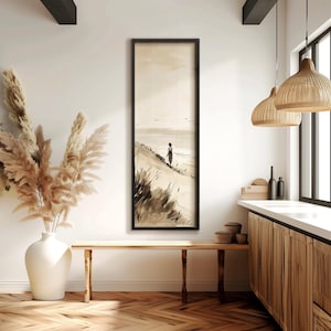 Paesaggio di cottage costiero: grande dipinto verticale rustico sul mare, poster su tela incorniciato