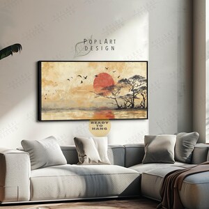 Arte de paisaje costero japonés enmarcado: Impresión panorámica en lienzo