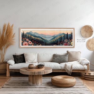 Mid-Century Mountain Panorama: Framed Canvas Landscape with Wildflowers for Above Bed Decor