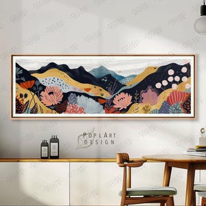 Colorful Flowers Landscape Wall Art: Large Horizontal Modern Illustration, Above Bed Framed Canvas Poster