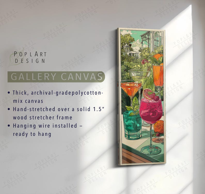 Jugendstil Cocktail Wandkunst: Lange Schmal Bunte Sommer Drinks auf Leinwand gerahmt Bild 8
