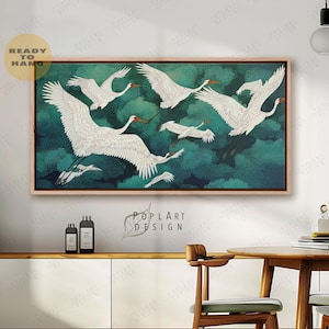 Horizontal Japanese Art, Flying Cranes, Emerald Green Birds Print, Wide Framed Wall Art, Framed Canvas, Above Bed Decor, Long Narrow Decor