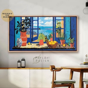 Matisse Blue Balcony View Still Life Art: Large Horizontal Wide Framed Canvas