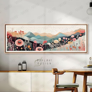 Panoramic Horizontal Floral Canvas: Mid-Century Inspired Mountain Art, Above Bed Framed Canvas and Poster