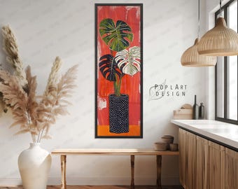 Monstera Framed Canvas Art: Long Vertical Botanical Print