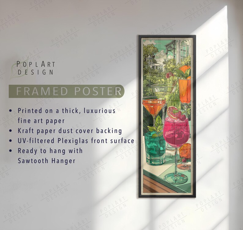 Jugendstil Cocktail Wandkunst: Lange Schmal Bunte Sommer Drinks auf Leinwand gerahmt Bild 9