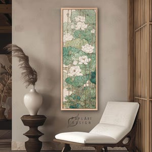 Vintage Lotus Wall Art: Japandi Vertical Sage Green White Flowers Canvas