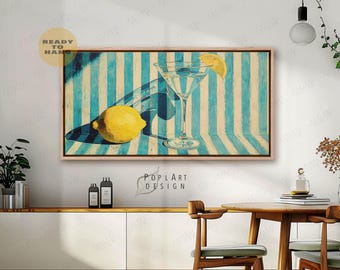 Zitronen-Martini-Wandkunst: Retro blau gestreifter Cocktail auf gerahmter Leinwanddruck