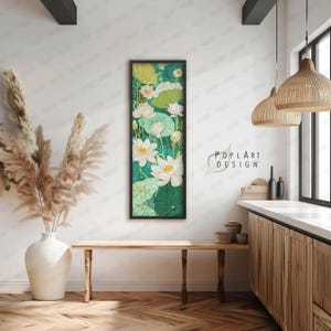 Vertical Lotus Wall Art: Long Narrow Green Botanical Floral Framed Canvas