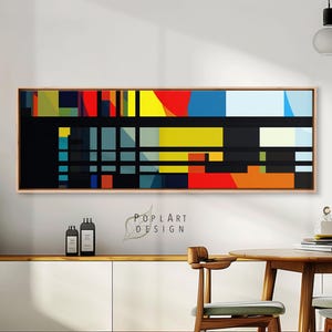 Horizontale Wandkunst, Mid Century Modern Geometrische Kunst, Abstrakter Kunstdruck, Übergroße gerahmte Leinwand, gerahmtes Poster, Panorama über das Bett-Dekor